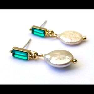 Pearl and Green Crystal Earrings Gold Plated. New. Cornerstone Jewels.